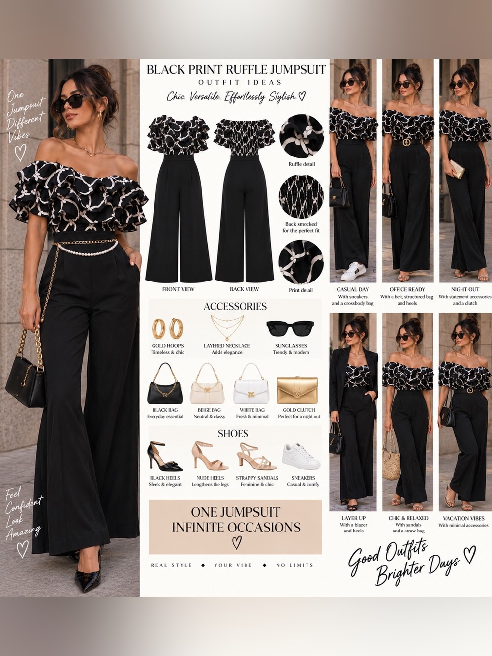 Off-Shoulder Black Ruffle Jumpsuit with Abstract White Print